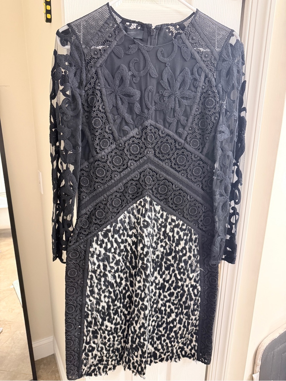 Burberry Black Lace & Leopard Print Long-Sleeve Dress